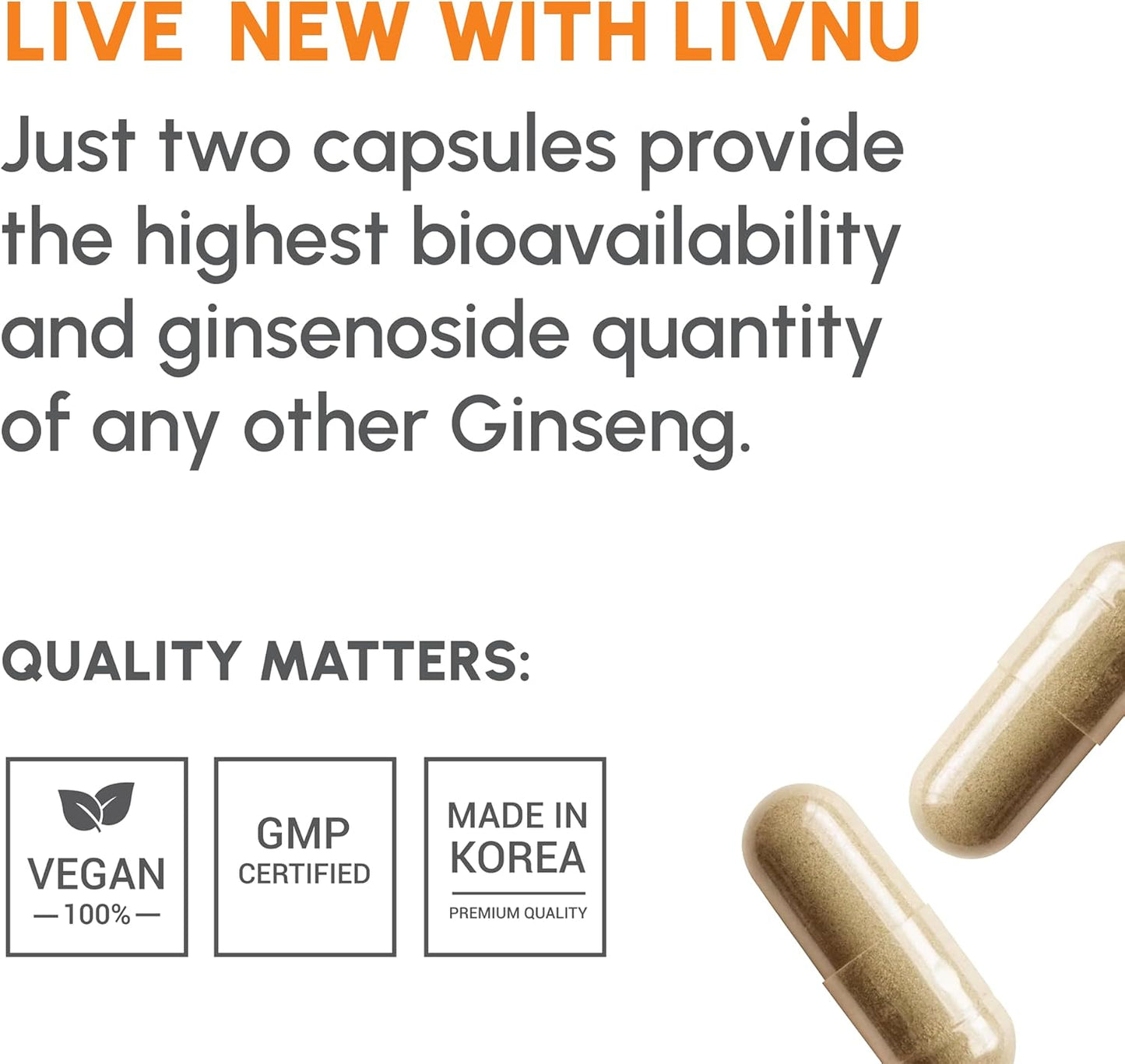 LivNu Premium Korean Black Panax Ginseng Capsules - High Ginsenosides for Energy, Focus, Performance, and Immune Support - Vegan Formula