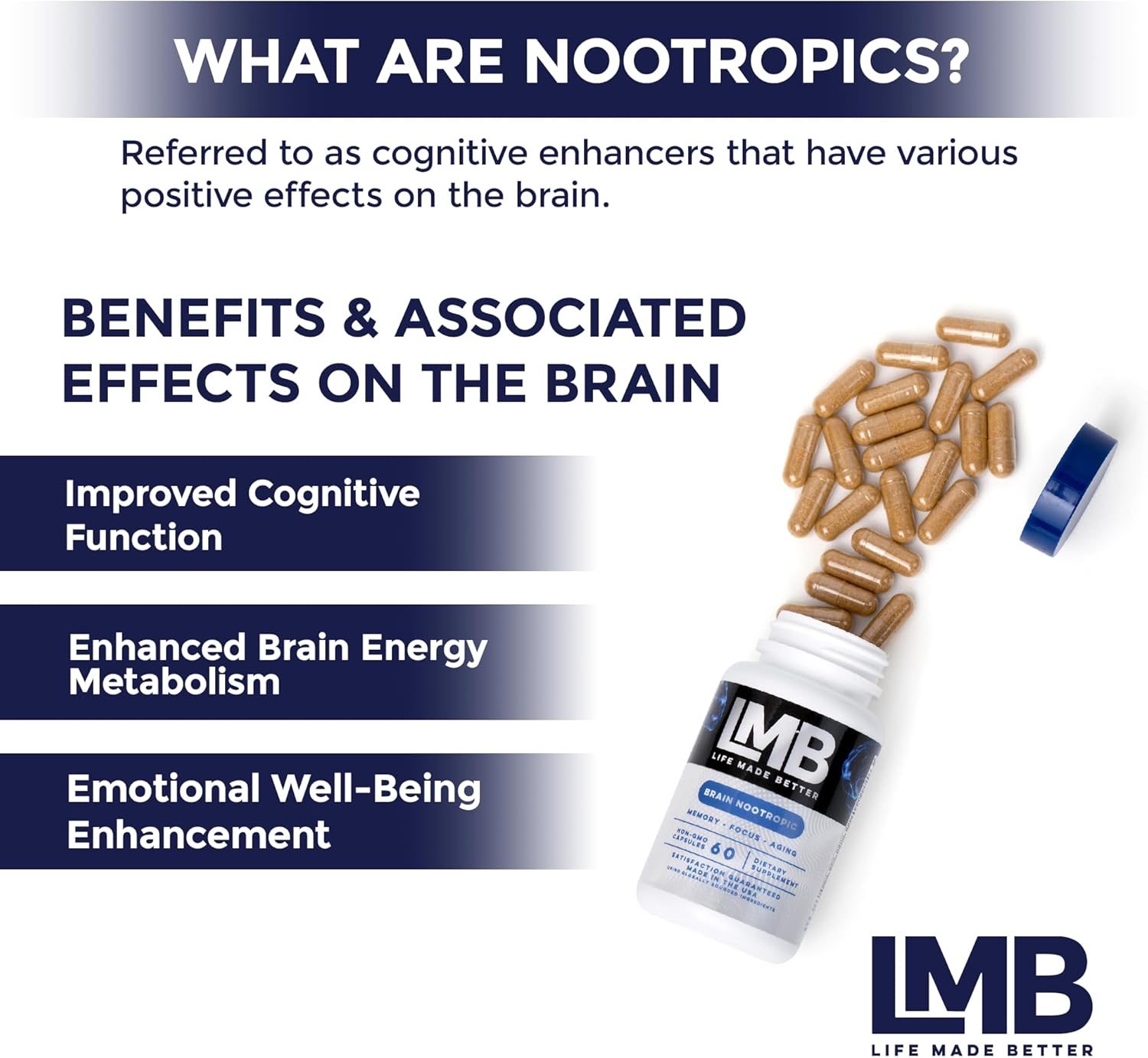 LMB LIFE MADE BETTER Fast-Acting Nootropic Memory Supplement - Enhance Cognitive Function and Mental Clarity - Improve Focus, Memory, and Concentration with our Powerful Brain Support Formula