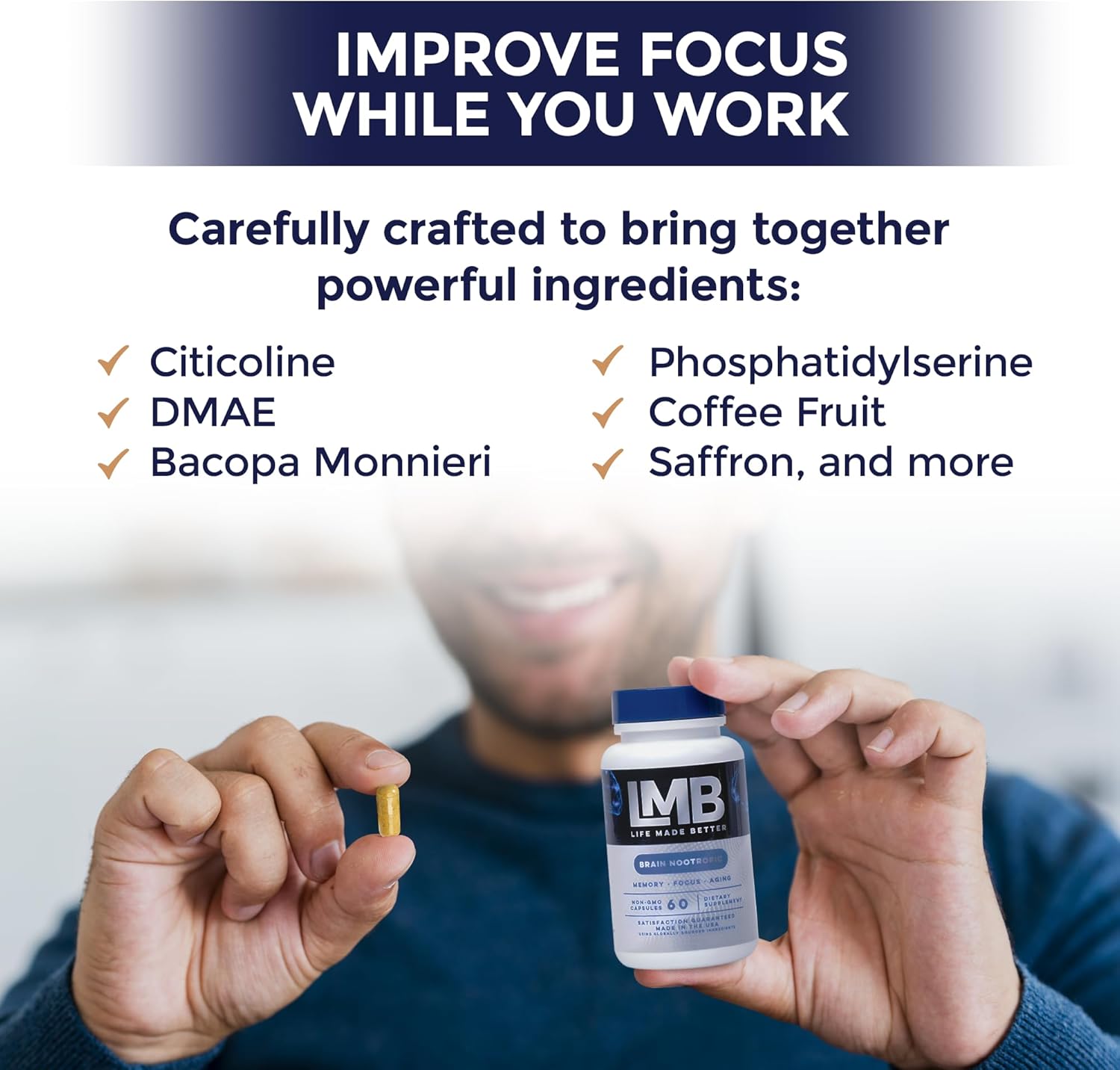 LMB LIFE MADE BETTER Fast-Acting Nootropic Memory Supplement - Enhance Cognitive Function and Mental Clarity - Improve Focus, Memory, and Concentration with our Powerful Brain Support Formula