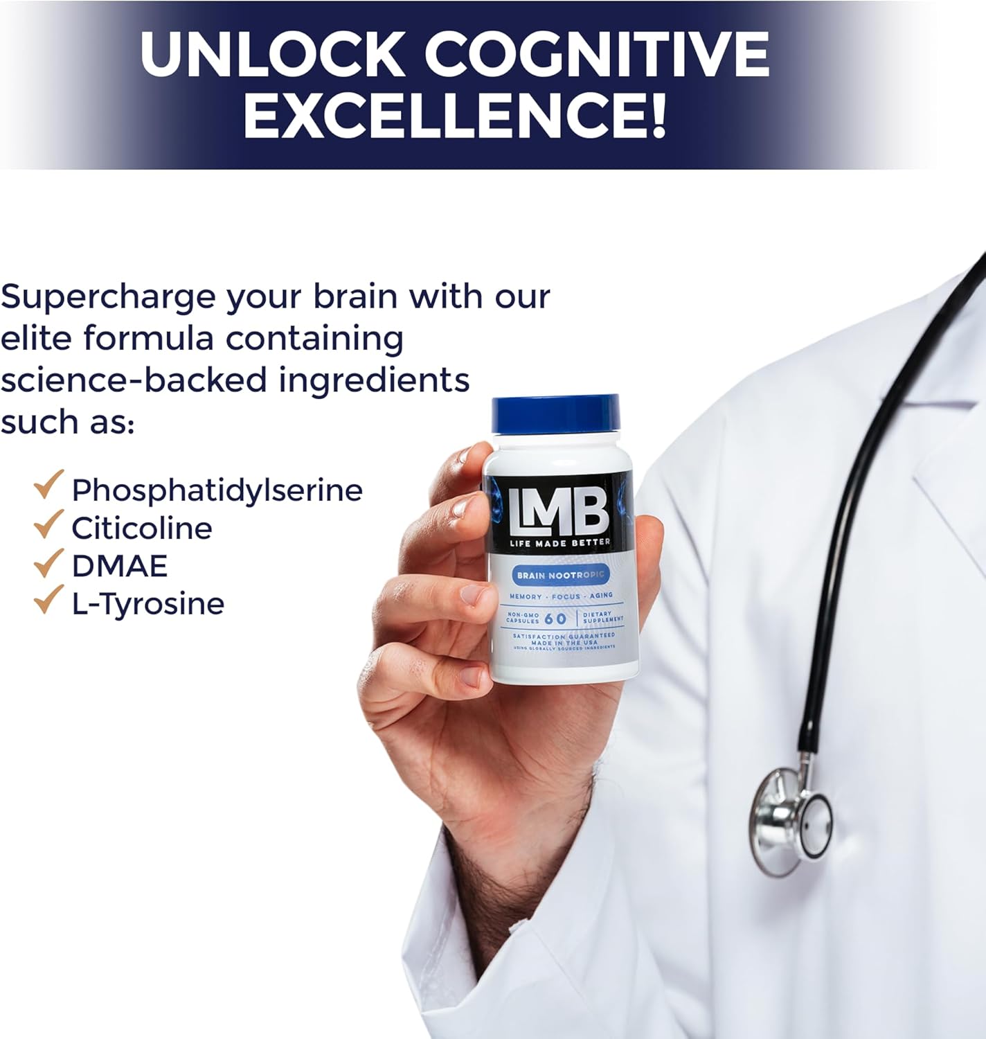LMB LIFE MADE BETTER Fast-Acting Nootropic Memory Supplement - Enhance Cognitive Function and Mental Clarity - Improve Focus, Memory, and Concentration with our Powerful Brain Support Formula