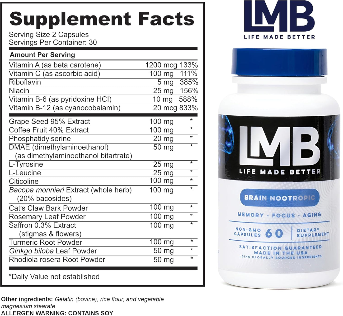LMB LIFE MADE BETTER Fast-Acting Nootropic Memory Supplement - Enhance Cognitive Function and Mental Clarity - Improve Focus, Memory, and Concentration with our Powerful Brain Support Formula