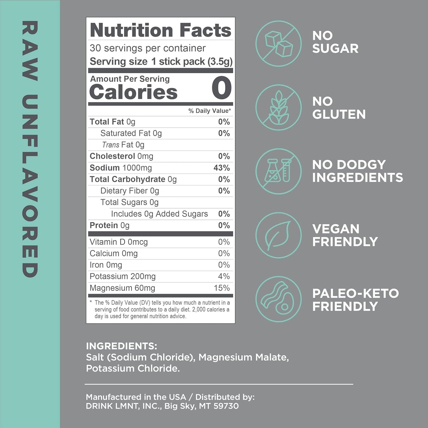 LMNT Zero Sugar Electrolyte Drink Mix with Raw Unflavored Salt - 30 Count Pack