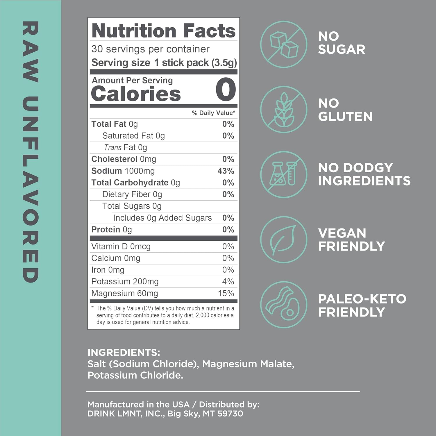 LMNT Zero Sugar Electrolyte Drink Mix with Raw Unflavored Salt - 30 Count Pack