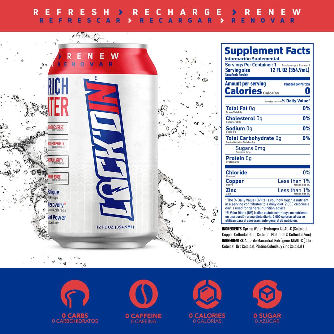LOCK'DIN Hydrogen Infused Water for Post-Workout Recovery, Natural Purified Water, Quad-C Colloidal Mineral Complex, 12 Oz, 12 Pack - Unflavored