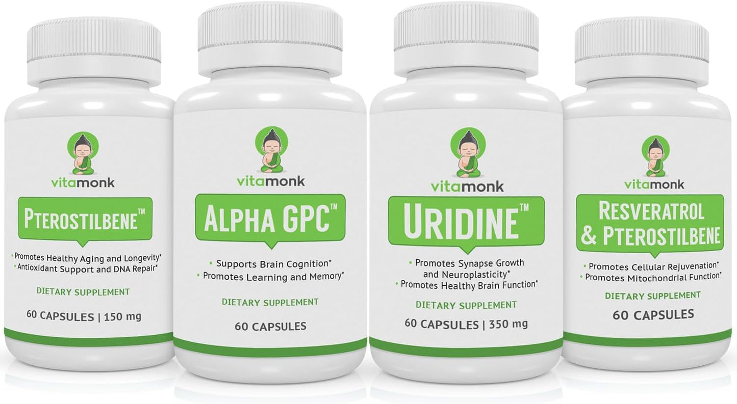 Longevity and Brain Boosting Stack: VitaMonk Resveratrol, Pterostilbene, Alpha GPC, and Uridine Bundle