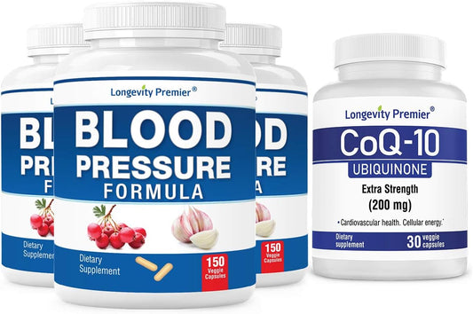 Longevity Blood Pressure Formula Value Pack - 3 Bottles + Free CoQ10 - 150 caps each - 30 Veggie caps