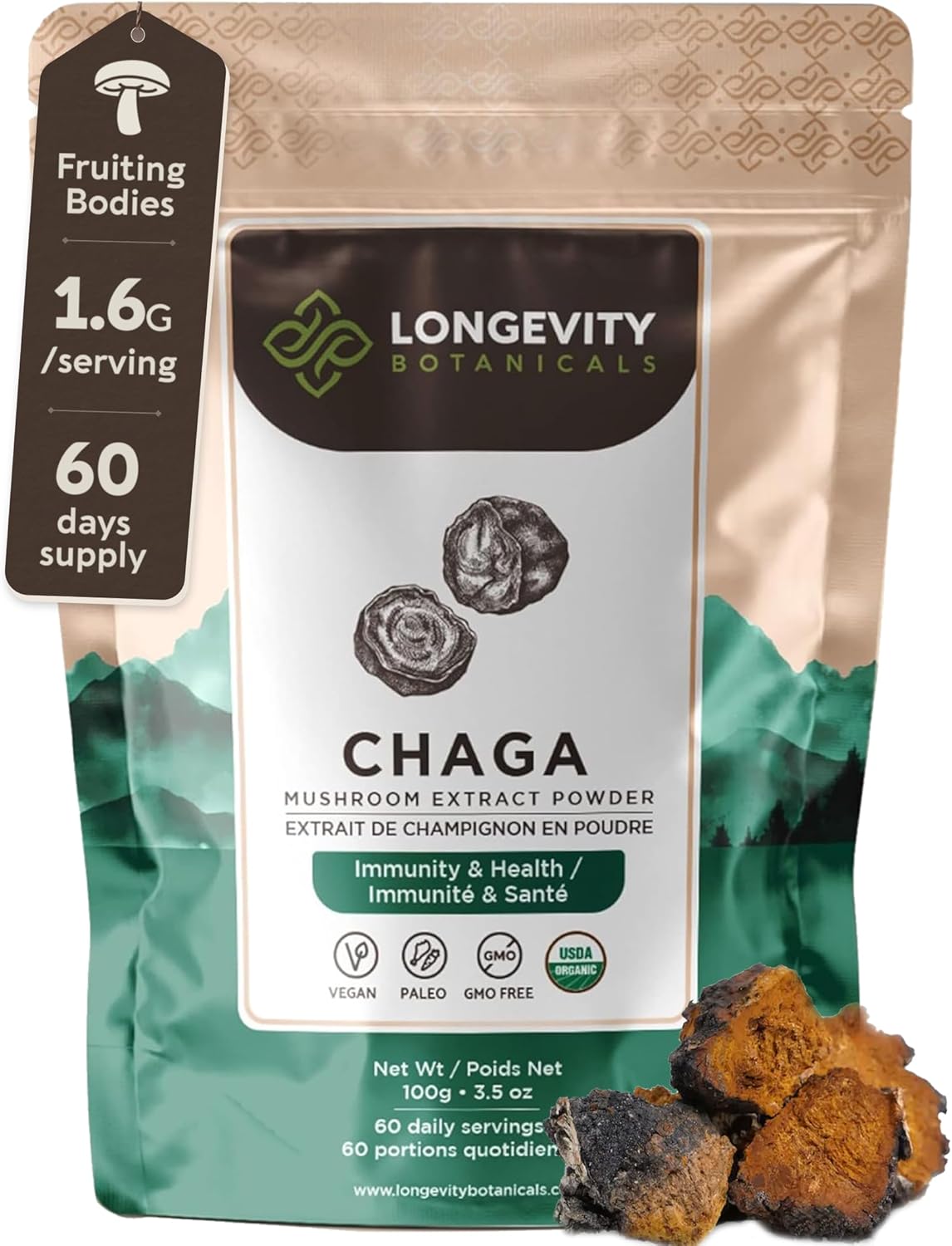 Longevity Botanicals Chaga Mushroom Powder - Organic Ultra Concentrated Supplement for Immune Support, Relaxation, Stress Relief, and Better Sleep - 100g