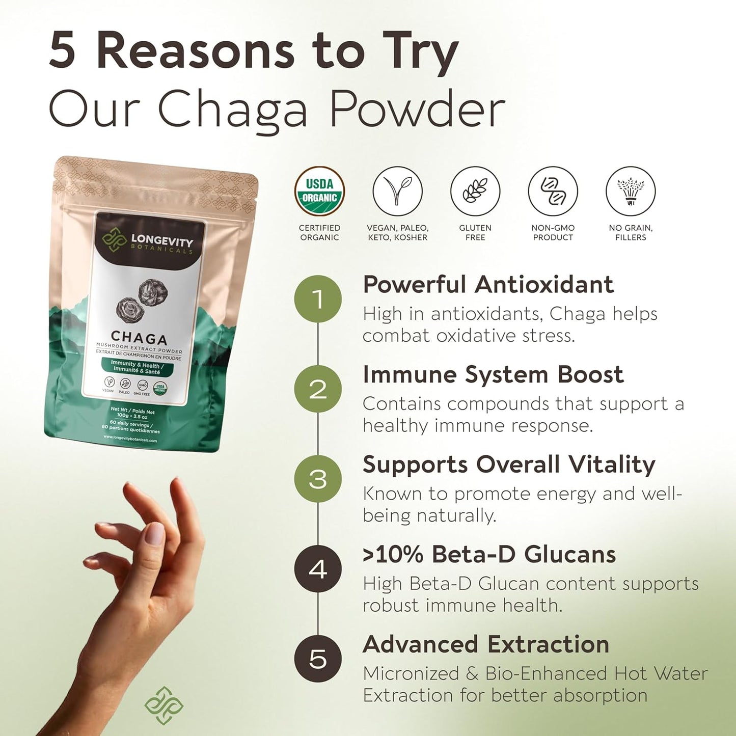 Longevity Botanicals Chaga Mushroom Powder - Organic Ultra Concentrated Supplement for Immune Support, Relaxation, Stress Relief, and Better Sleep - 100g