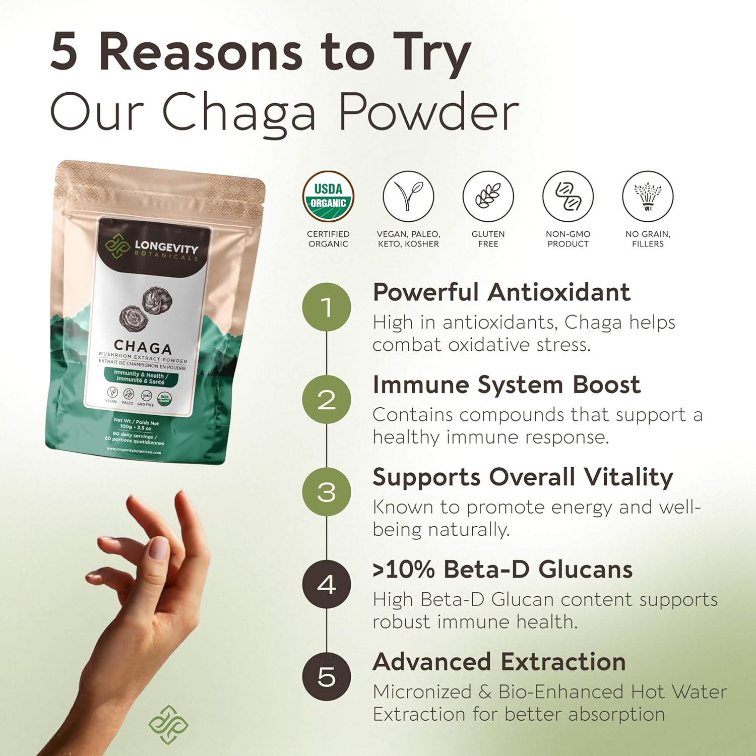 Longevity Botanicals Chaga Mushroom Powder - Organic Ultra Concentrated Supplement for Immune Support, Relaxation, Stress Relief, and Better Sleep - 100g