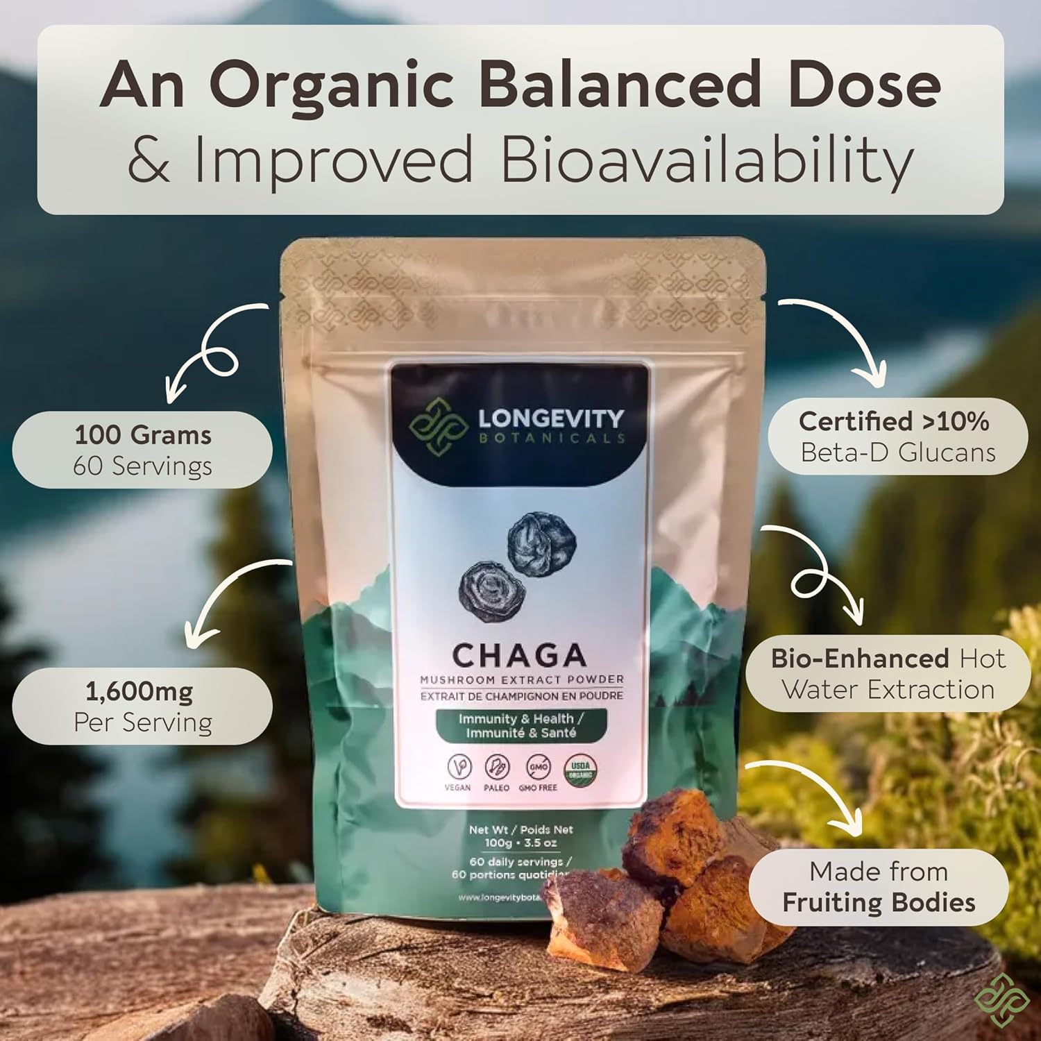 Longevity Botanicals Chaga Mushroom Powder - Organic Ultra Concentrated Supplement for Immune Support, Relaxation, Stress Relief, and Better Sleep - 100g