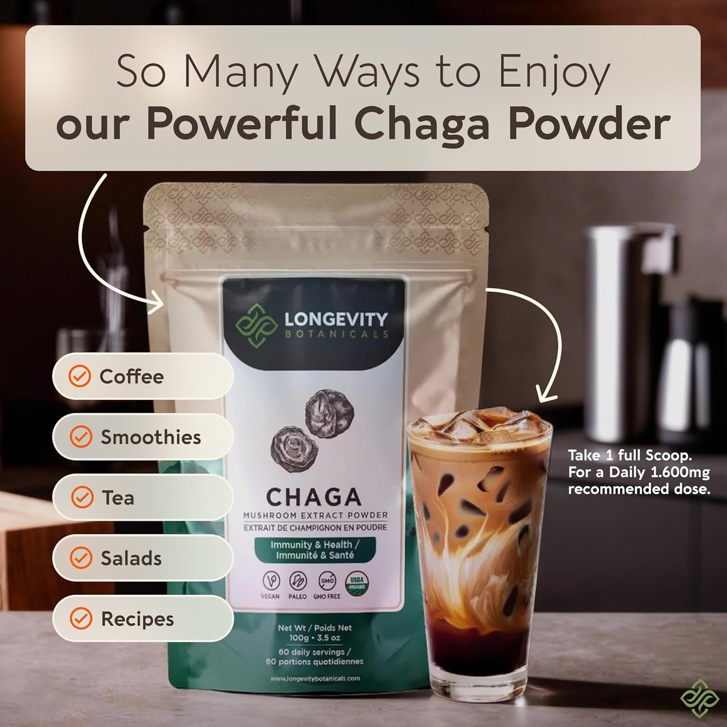 Longevity Botanicals Chaga Mushroom Powder - Organic Ultra Concentrated Supplement for Immune Support, Relaxation, Stress Relief, and Better Sleep - 100g
