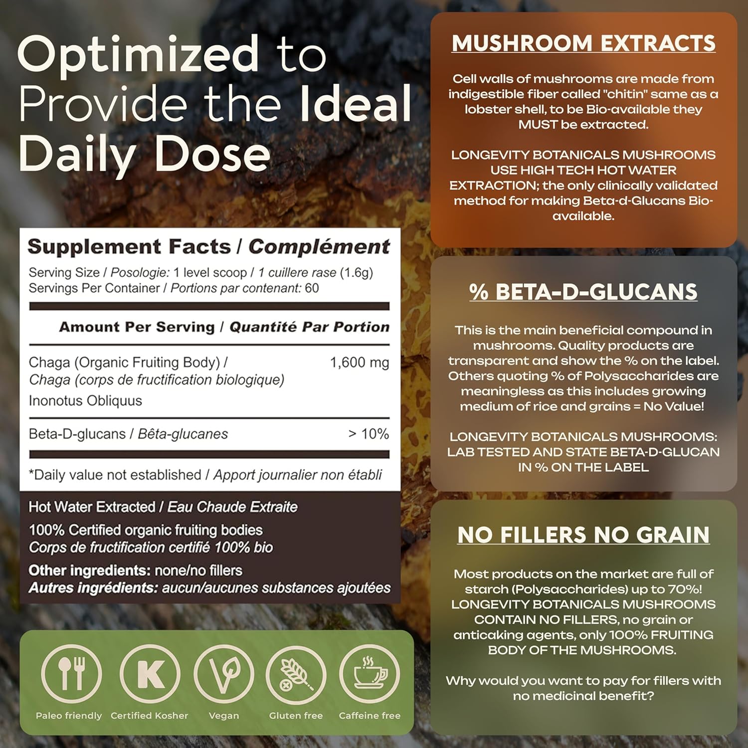 Longevity Botanicals Chaga Mushroom Powder - Organic Ultra Concentrated Supplement for Immune Support, Relaxation, Stress Relief, and Better Sleep - 100g