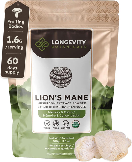 Longevity Botanicals Organic Lions Mane Mushroom Powder - 100% Fruiting Body - Enhanced Mental Clarity and Focus - 100g - BoostGo Australia