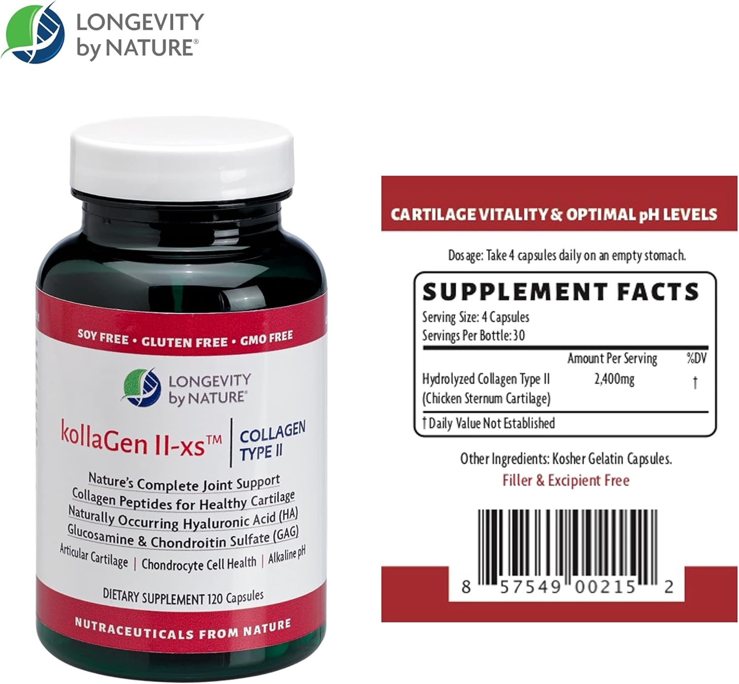 Longevity by Nature KollaGen II-xs Capsules with Collagen, Glucosamine, and Chondroitin - 120 Count Dietary Supplement