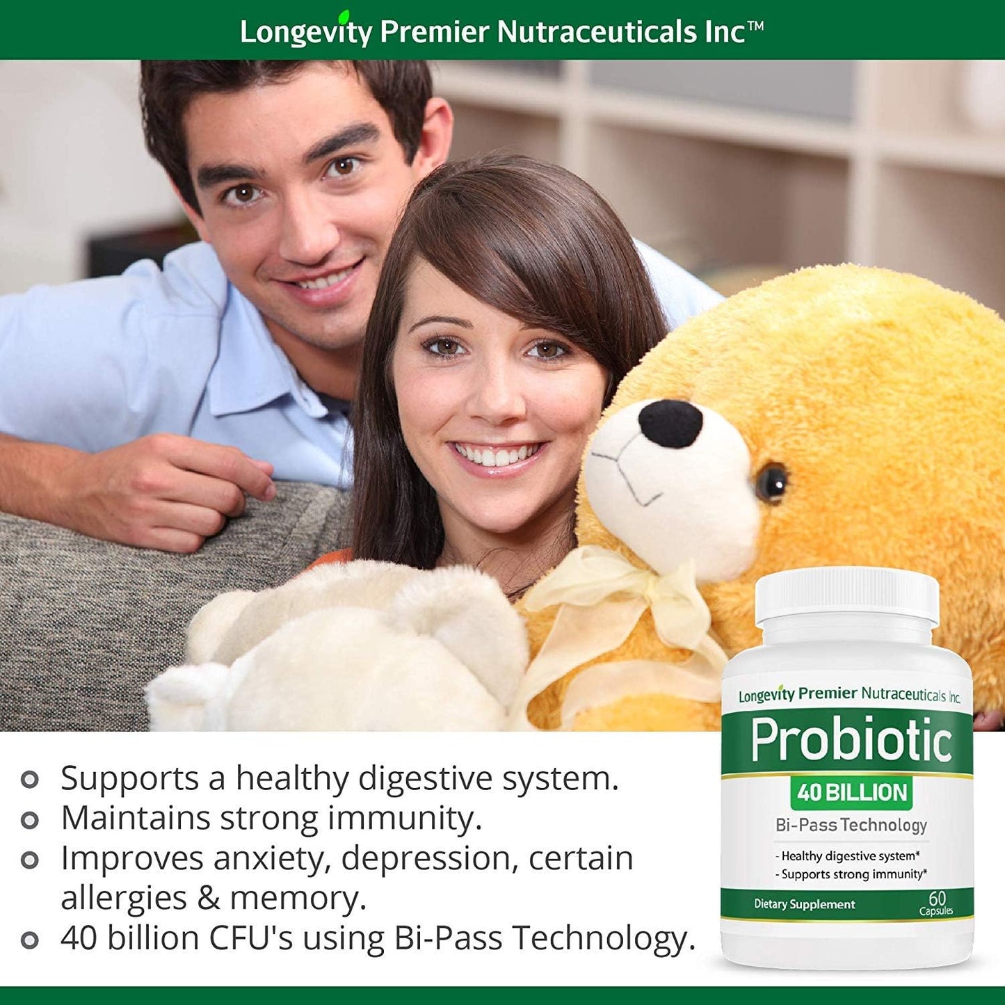 Longevity Probiotic 40 Billion CFUs for Colon Digestive Health by Longevity Premier Nutraceuticals Inc
