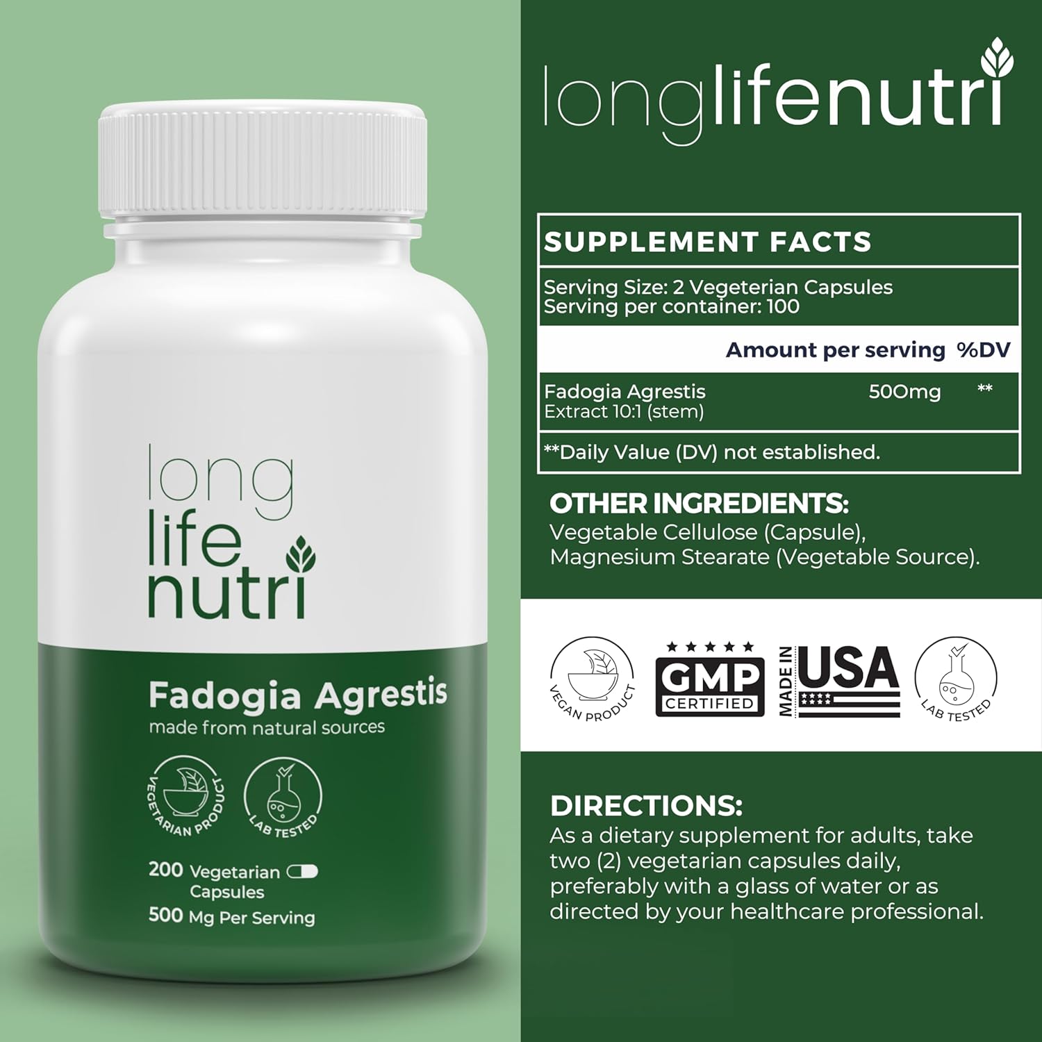 LongLifeNutri Fadogia Agrestis Extract Capsules - 200 Vegetarian Caps, 500mg, USA Made, Energy & Endurance Supplement for Athletic Performance - 3-Month Supply