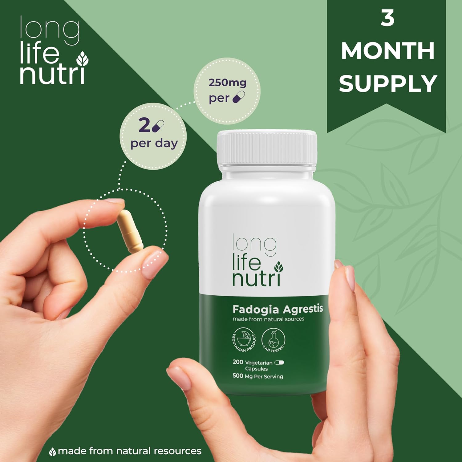 LongLifeNutri Fadogia Agrestis Extract Capsules - 200 Vegetarian Caps, 500mg, USA Made, Energy & Endurance Supplement for Athletic Performance - 3-Month Supply