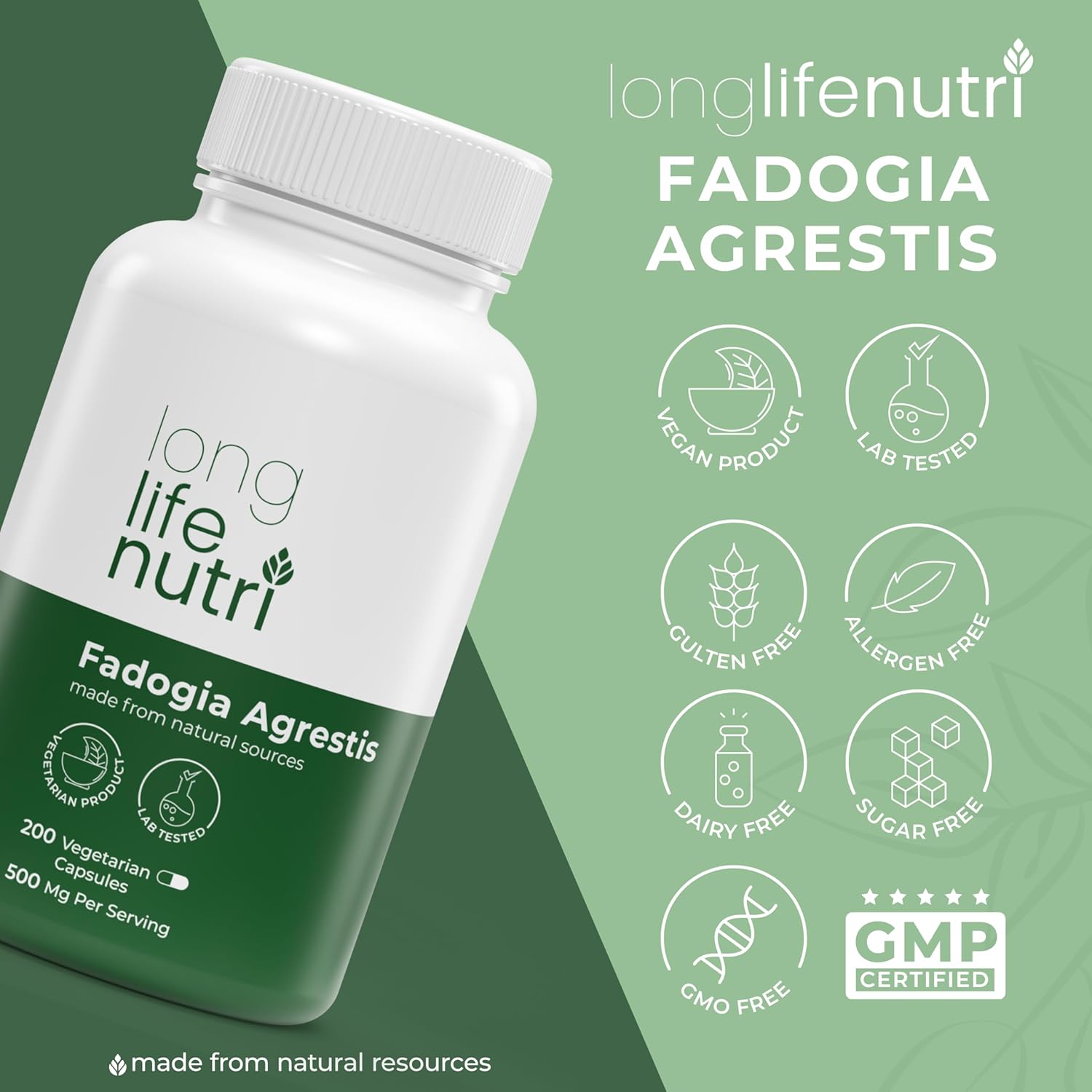 LongLifeNutri Fadogia Agrestis Extract Capsules - 200 Vegetarian Caps, 500mg, USA Made, Energy & Endurance Supplement for Athletic Performance - 3-Month Supply