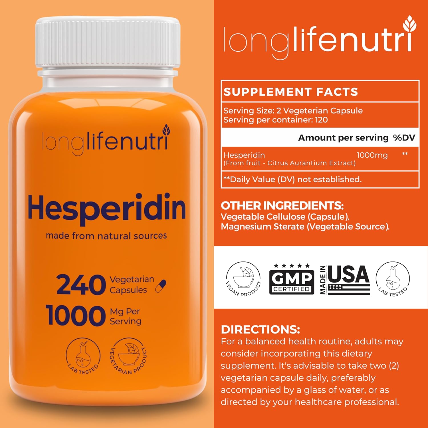 LongLifeNutri Hesperidin Capsules - 1000mg, 240 Count - Cardiovascular Health & Immune Support - USA-Made - Antioxidant & Vascular Benefits