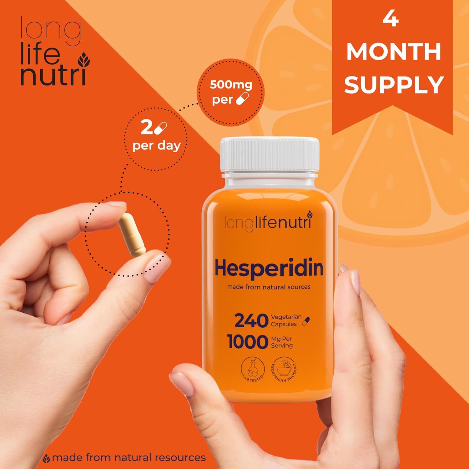 LongLifeNutri Hesperidin Capsules - 1000mg, 240 Count - Cardiovascular Health & Immune Support - USA-Made - Antioxidant & Vascular Benefits