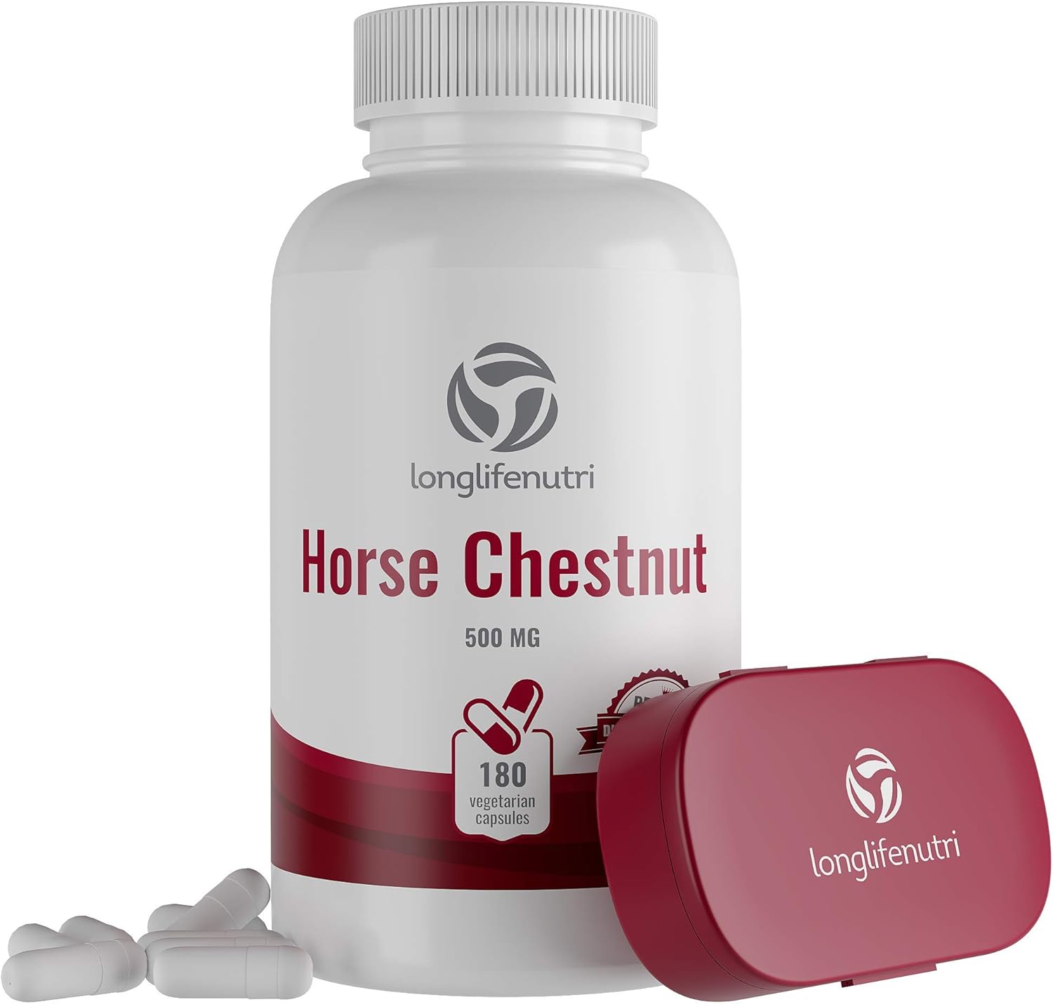 LongLifeNutri Horse Chestnut Extract 500mg 180 Capsules | USA-Made Aescin Supplement 100mg Per Pill | Horsechestnut Seed 500mg