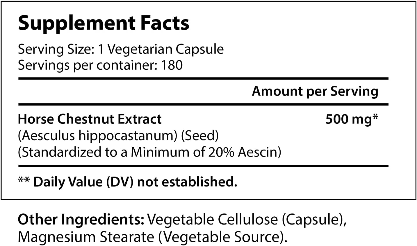 LongLifeNutri Horse Chestnut Extract 500mg 180 Capsules | USA-Made Aescin Supplement 100mg Per Pill | Horsechestnut Seed 500mg