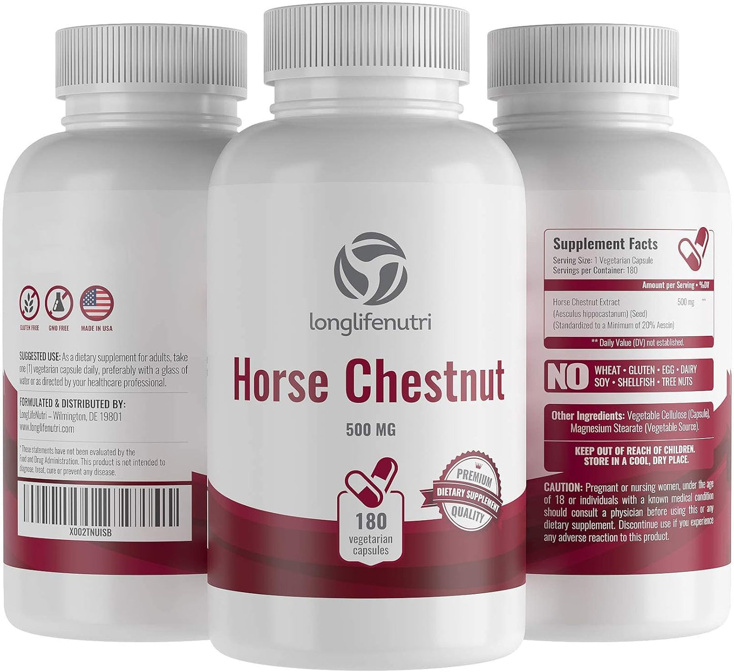 LongLifeNutri Horse Chestnut Extract 500mg 180 Capsules | USA-Made Aescin Supplement 100mg Per Pill | Horsechestnut Seed 500mg