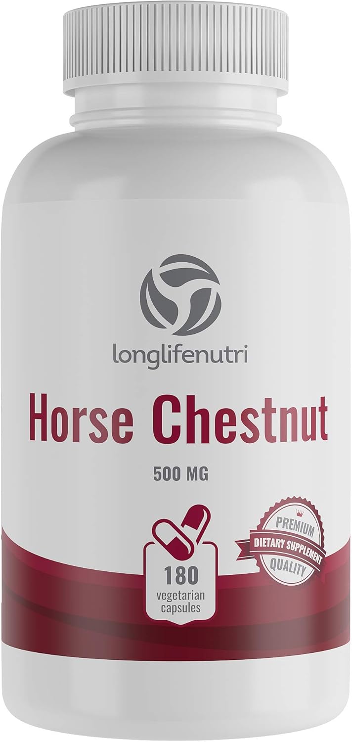 LongLifeNutri Horse Chestnut Extract 500mg 180 Capsules | USA-Made Aescin Supplement 100mg Per Pill | Horsechestnut Seed 500mg
