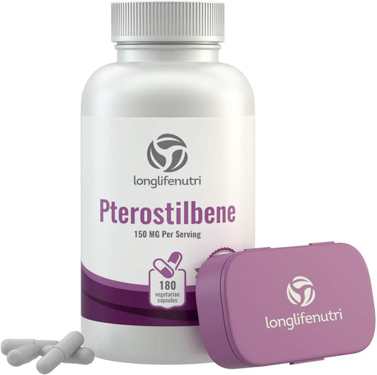 LongLifeNutri Pterostilbene 150mg Capsules - 180 Count - 3-Month Supply - USA Made - Natural Wellness Support