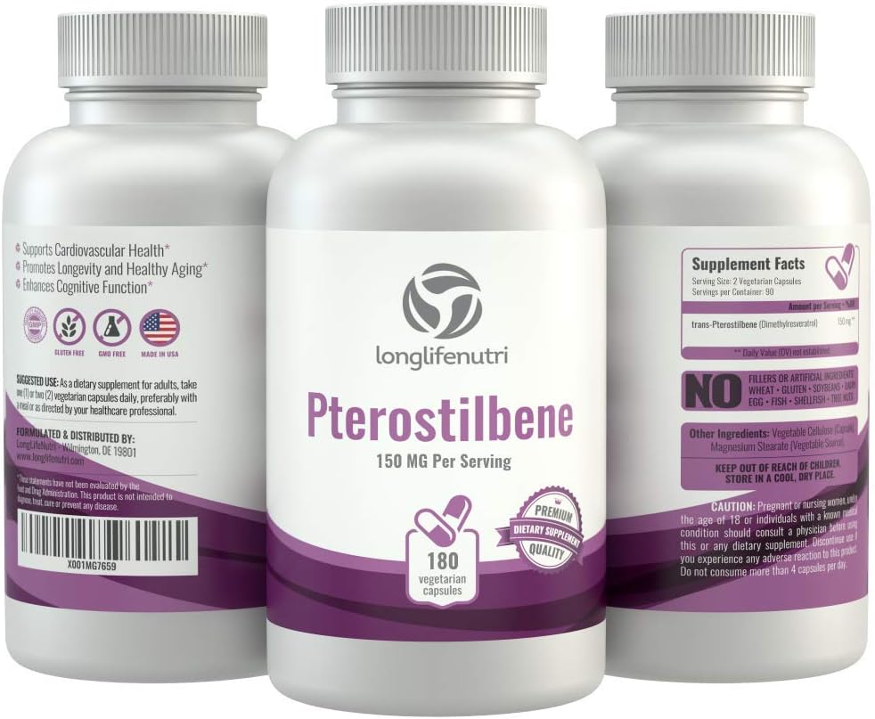 LongLifeNutri Pterostilbene 150mg Capsules - 180 Count - 3-Month Supply - USA Made - Natural Wellness Support