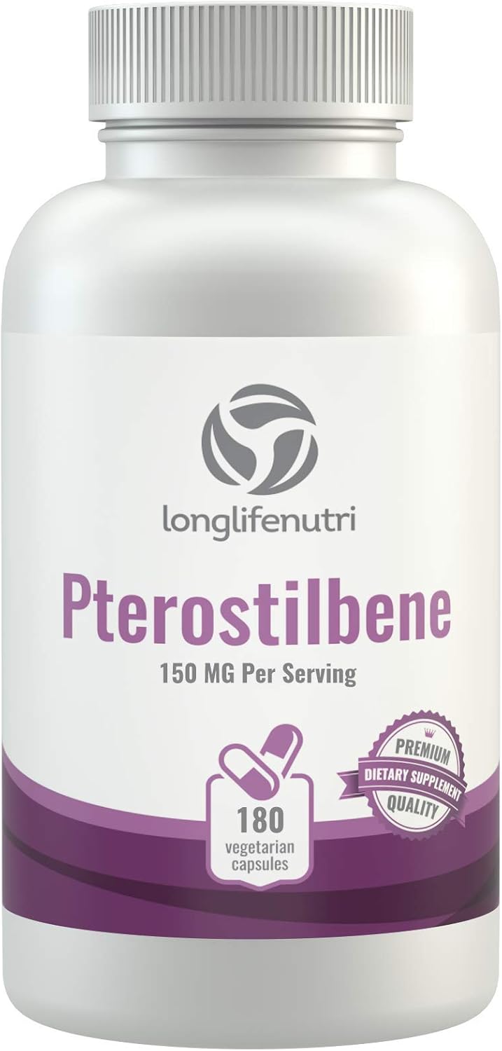 LongLifeNutri Pterostilbene 150mg Capsules - 180 Count - 3-Month Supply - USA Made - Natural Wellness Support