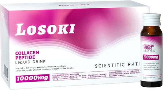 Losoki Liquid Collagen Peptide Drink - 10000mg Marine Collagen Peptides & Vitamin C - Promotes Healthy Hair, Skin, Nails, Joints, & Bones - 1 Box, 10 Bottles