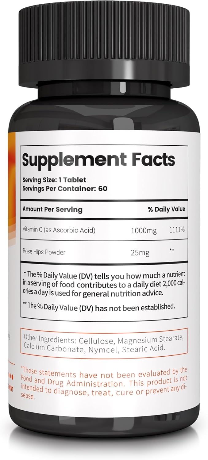 Losoki VC 1000 - High-Potency Vitamin C Tablets with Rose HIPS Powder - Immune Support & Antioxidant Formula - 60 Count
