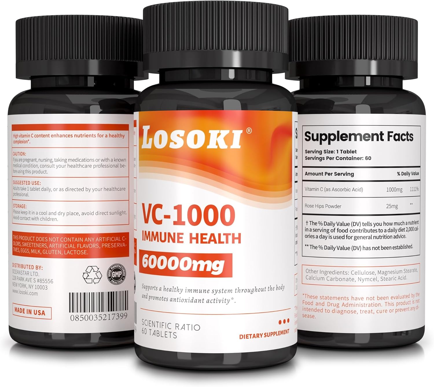Losoki VC 1000 - High-Potency Vitamin C Tablets with Rose HIPS Powder - Immune Support & Antioxidant Formula - 60 Count