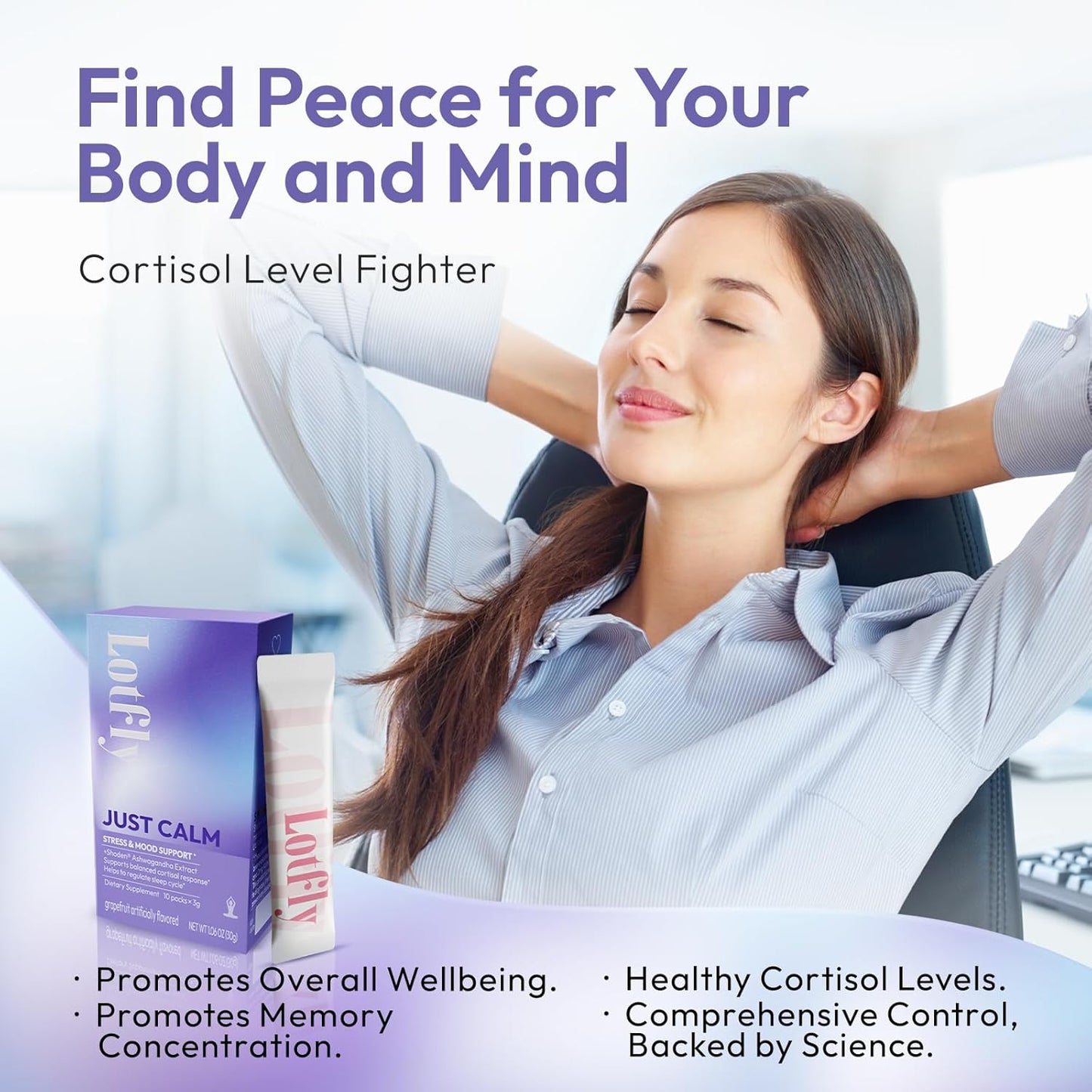 LOTFLY JustCalm Powdered Drink Mix - Natural Stress Relief with Magnesium, Vitamin D, Valerian Root - Promotes Relaxation and Better Sleep - 10 Ct Pack, Non-GMO