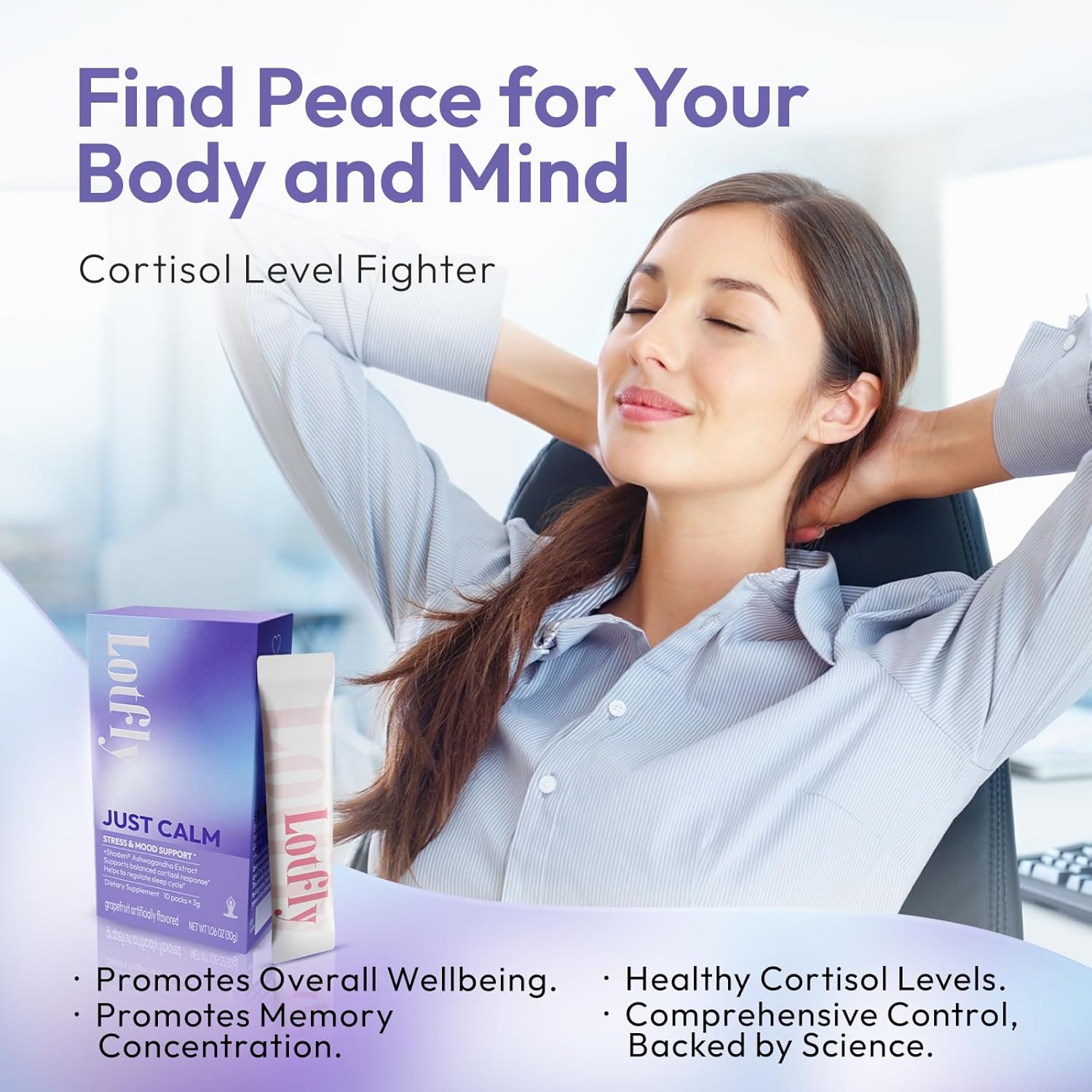 LOTFLY JustCalm Powdered Drink Mix - Natural Stress Relief with Magnesium, Vitamin D, Valerian Root - Promotes Relaxation and Better Sleep - 10 Ct Pack, Non-GMO