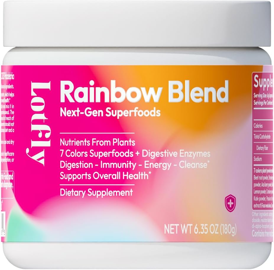 LOTFLY Superfood Rainbow Blend Powder - 7-Color Plant Extracts, 44 Nutrients for Gut Health, Immunity & Antioxidant Support - Digestive Enzymes & Prebiotics - 6.35 Oz