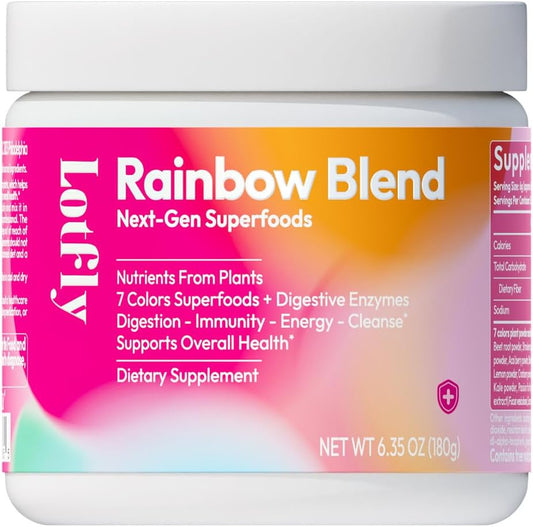 LOTFLY Superfood Rainbow Blend Powder - 7-Color Plant Extracts, 44 Nutrients for Gut Health, Immunity & Antioxidant Support - Digestive Enzymes & Prebiotics - 6.35 Oz