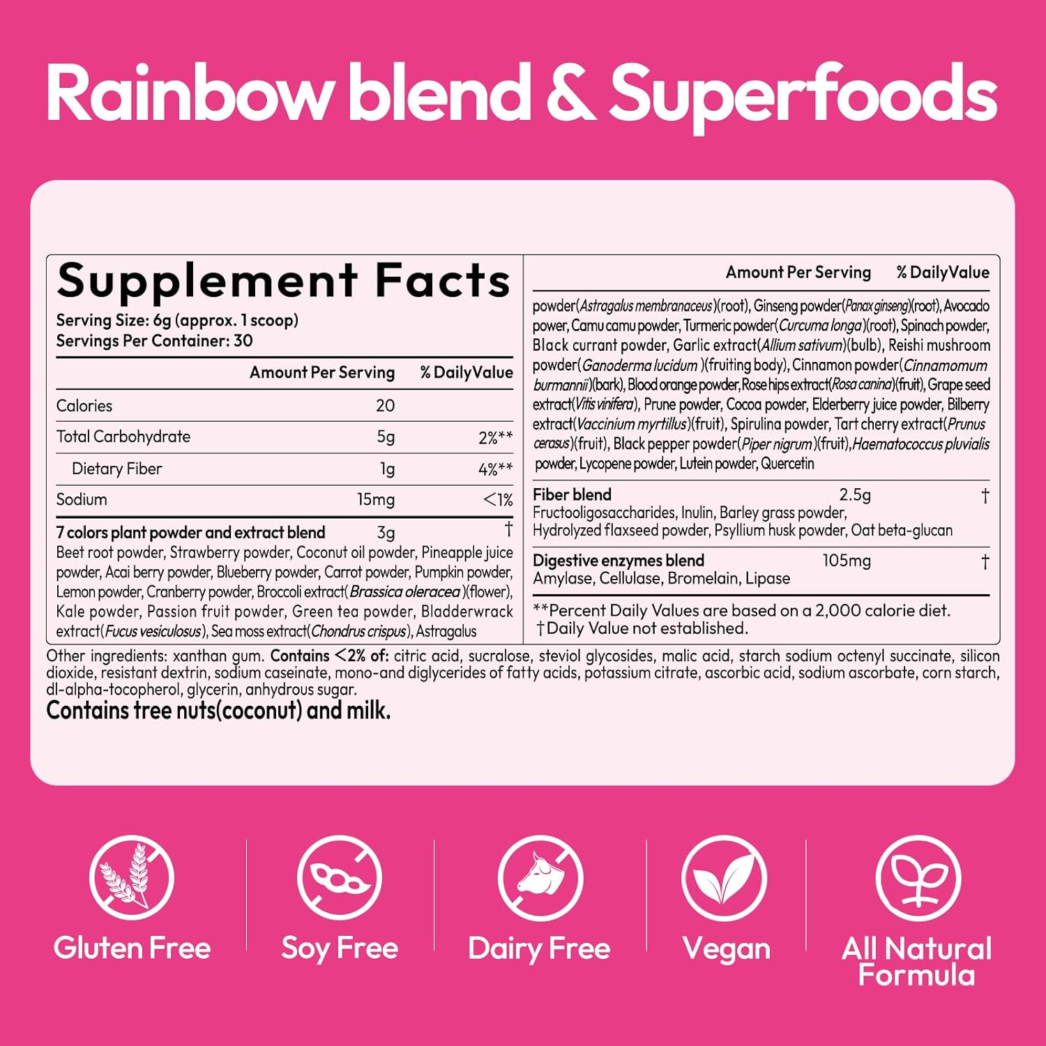 LOTFLY Superfood Rainbow Blend Powder - 7-Color Plant Extracts, 44 Nutrients for Gut Health, Immunity & Antioxidant Support - Digestive Enzymes & Prebiotics - 6.35 Oz