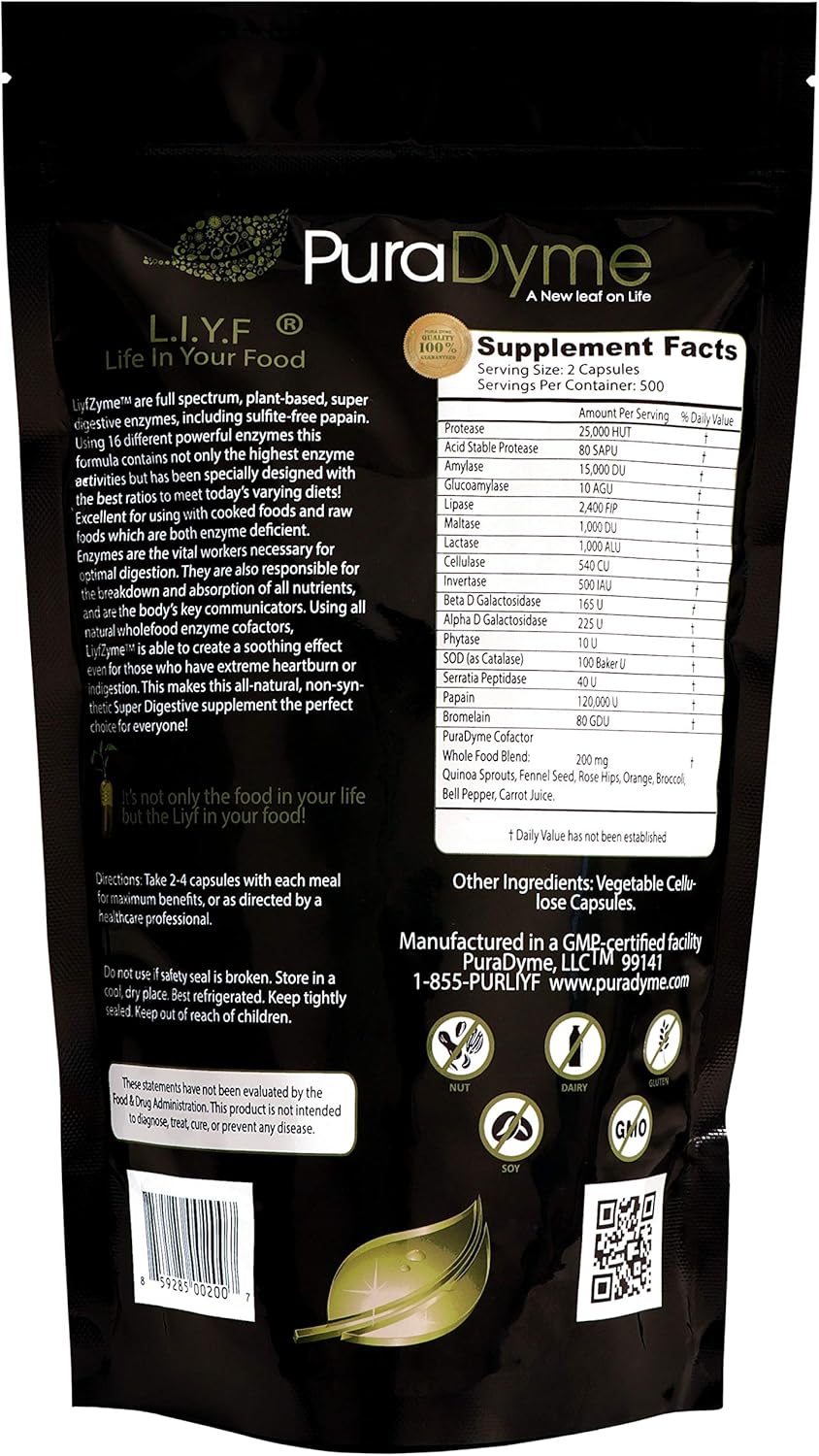 Lou Corona's PuraDyme LiyfZyme 1000 Plant-Based Capsules for Digestive Health