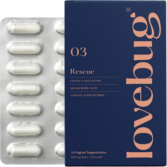 LoveBug Women's Health Vaginal Boric Acid Suppositories - Fast Acting for Odor, Discharge, Yeast & pH Balance - Coconut Oil, Hyaluronic Acid, Vitamin E - 14 ct