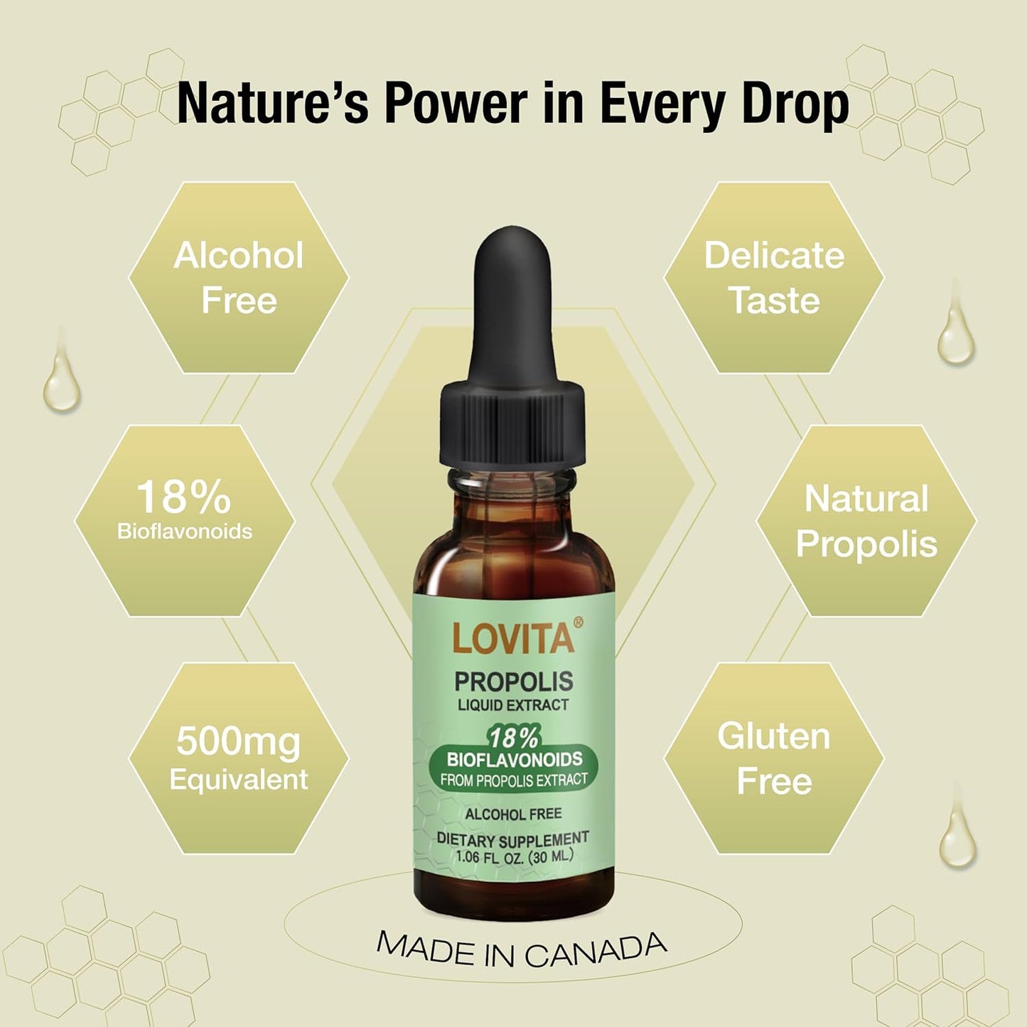 Lovita Bee Propolis Liquid Extract - 500mg | Alcohol-Free 5:1 Propolis Extract for Immune Support - 1 Fl Oz