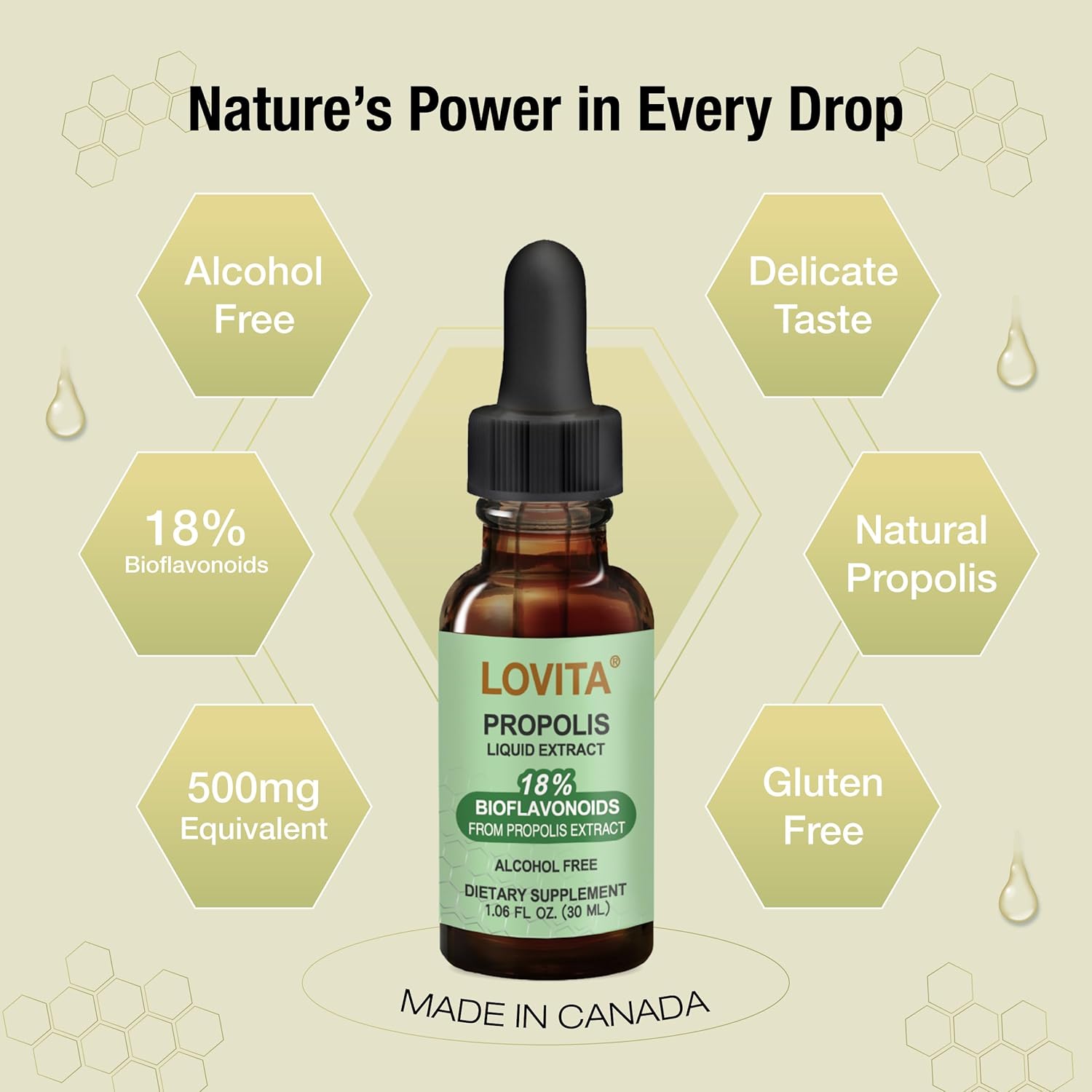 Lovita Bee Propolis Liquid Extract - 500mg | Alcohol-Free 5:1 Propolis Extract for Immune Support - 1 Fl Oz