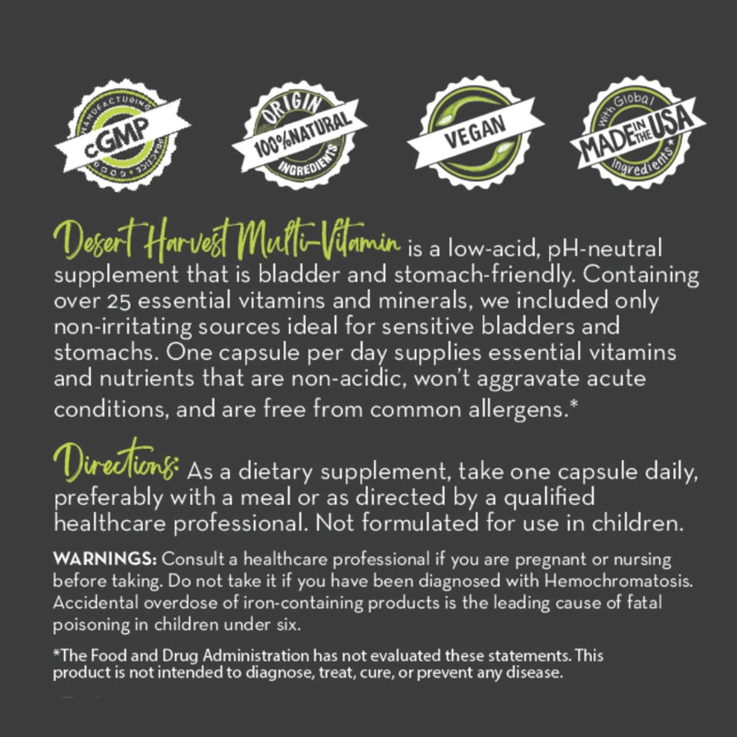 Low-Acid Multi-Vitamin Supplement with pH Balanced Formula, 90 Capsules - B6 Free by Desert Harvest