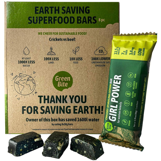 Low Calorie High Protein Girl Power Protein Bars - Vegan Meal Replacement Snacks with Iron, No Sugar, Chicory Spirulina Lemon Flavor, Pack of 8