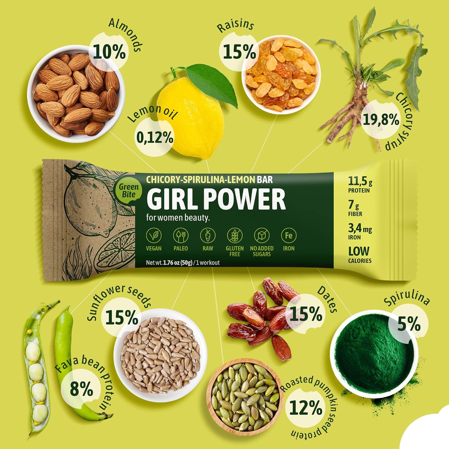 Low Calorie High Protein Girl Power Protein Bars - Vegan Meal Replacement Snacks with Iron, No Sugar, Chicory Spirulina Lemon Flavor, Pack of 8
