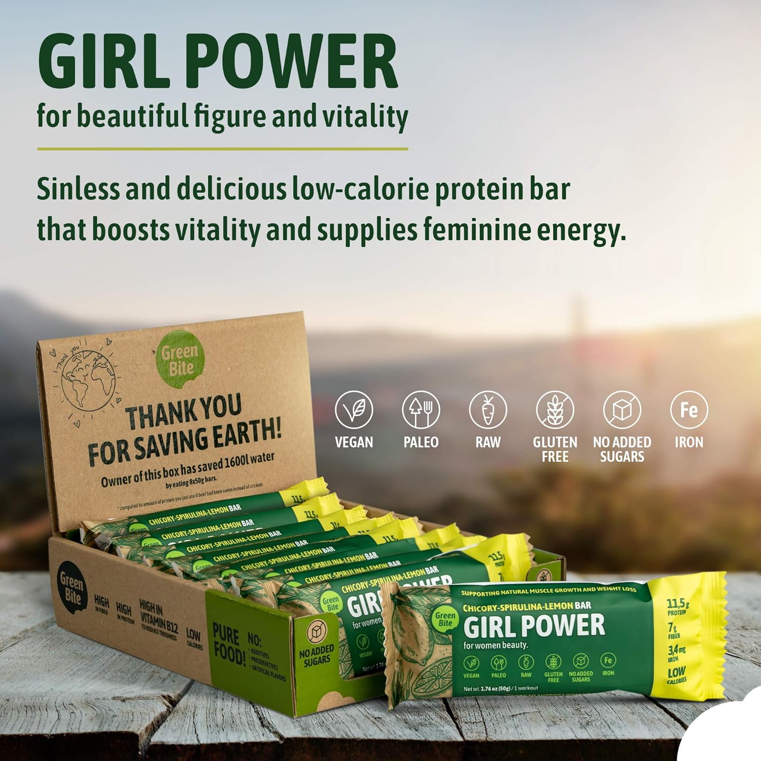 Low Calorie High Protein Girl Power Protein Bars - Vegan Meal Replacement Snacks with Iron, No Sugar, Chicory Spirulina Lemon Flavor, Pack of 8