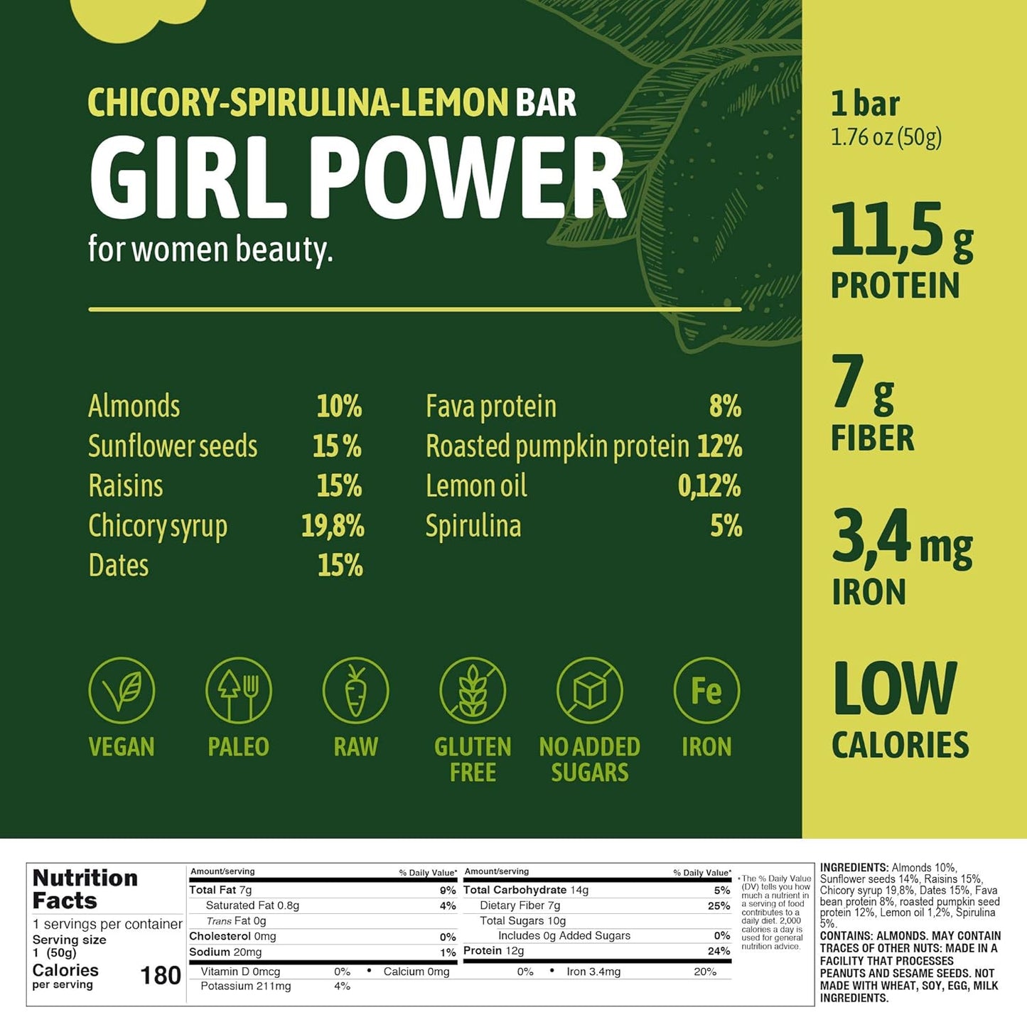 Low Calorie High Protein Girl Power Protein Bars - Vegan Meal Replacement Snacks with Iron, No Sugar, Chicory Spirulina Lemon Flavor, Pack of 8