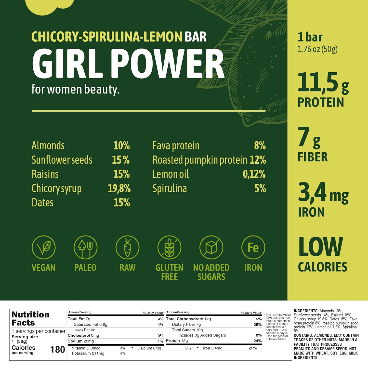 Low Calorie High Protein Girl Power Protein Bars - Vegan Meal Replacement Snacks with Iron, No Sugar, Chicory Spirulina Lemon Flavor, Pack of 8