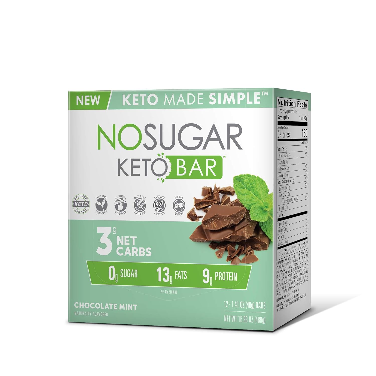 Low Carb No Sugar Keto Bar Snack - Chocolate Mint Flavor (12 Bars, 1.41oz each)